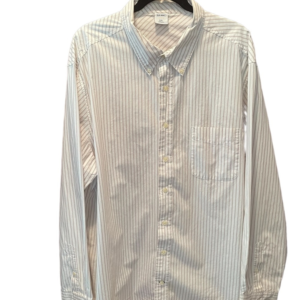 Old Navy mens long sleeve pin striped button front shirt, tan/white, size‎ XXL